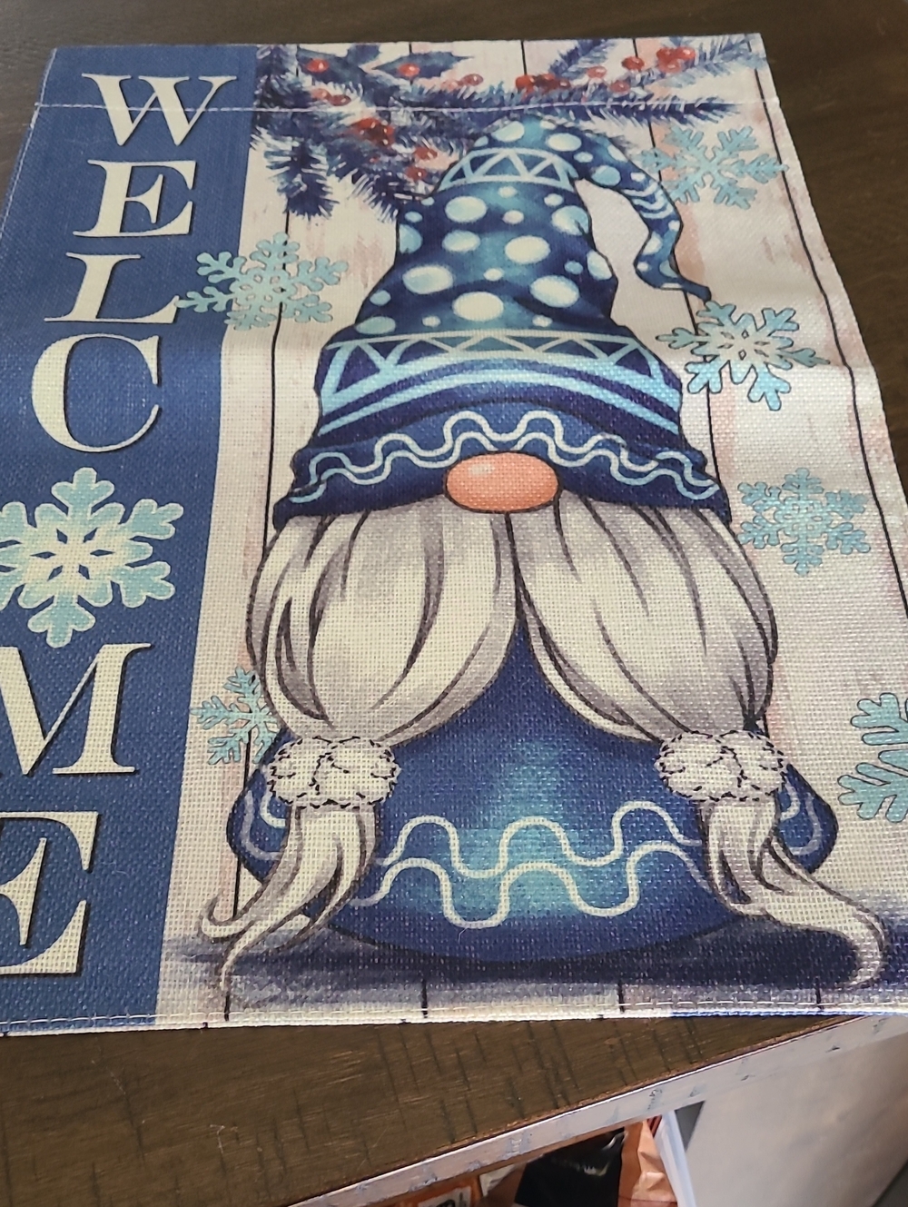 Blue Winter Gnome Welcome Flag